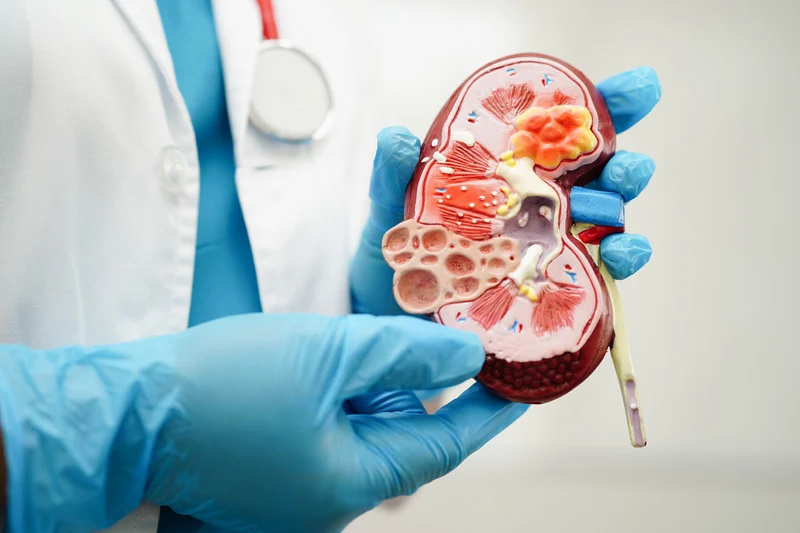Specialist holding a kidney model to explain end-stage renal disease (ESRD) treatment and dialysis access in Houston